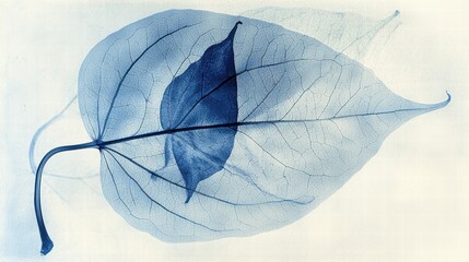 Poster - Blue Leaf Imprint on Soft White Background with Intricate Details