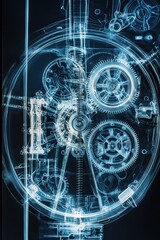 Poster - Intricate Mechanical Gears and Clockwork Composition in Blue Light