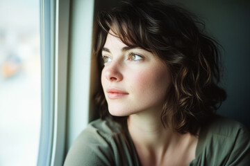 Young woman looking out from train window on beautiful landscape. Female passenger travelling by public transport concept