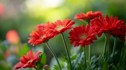 Aufkleber - In a lush garden bathed in sunlight, stunning red flowers stand tall among rich green foliage, expressing the beauty of nature's vibrant colors and life. A perfect spot for relaxation and inspiration