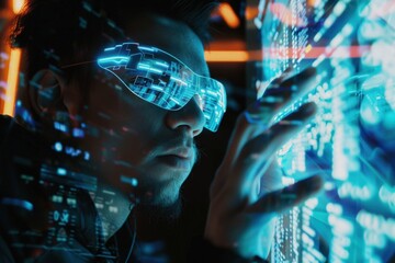 Poster - Young person interacting with futuristic holographic technology in a nighttime urban environment, showcasing advanced digital interfaces and tools for exploration