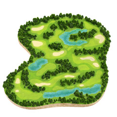 3d realistic illustration of golf course map in isometric view. nature landscape territory for game 