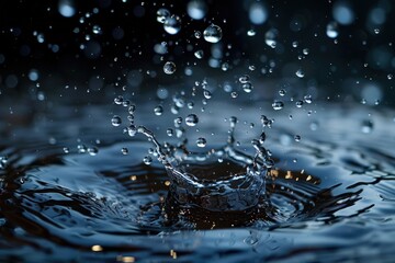 Poster - Capturing the beauty of water droplets creating splashes in a dark setting during a rain simulation