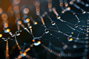 Aufkleber - Delicate spider web glistening with dew droplets in early morning light, showcasing nature's intricate design and beauty