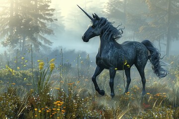 Poster - Majestic black unicorn gracefully walking through a misty forest filled with vibrant wildflowers at dawn