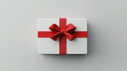 White gift box with red ribbon bow, 3D rendering in smooth glossy material on plain white background