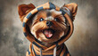 © sweasy - Ein witziger Yorkshire Terrier im gestreiften Hoode vor einer hellbraunen Wand, copy space