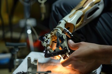 Aufkleber - Innovative technology is on display as a person works on sophisticated prosthetic hand in a workshop, showcasing skill and precision in modern engineering