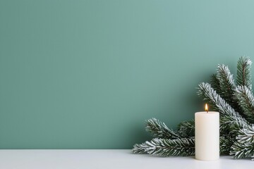 Aufkleber - Burning candle and snowy pine branches creating festive atmosphere on table
