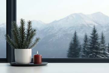 Poster - Minimalist christmas decoration creating cozy atmosphere with mountain view