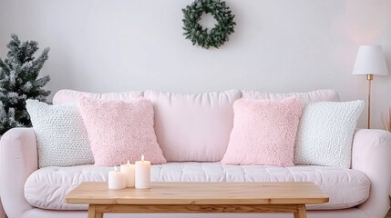 Poster - Cozy pink sofa decorated with fluffy cushions and christmas wreath in a minimalist living room