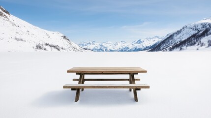 Fototapete - Picnic table covered in snow in a pristine winter landscape