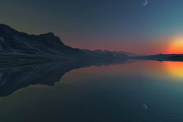 Aufkleber - Colorful sunset reflected in tranquil lake surrounded by mountains and pine trees, creating a serene natural landscape