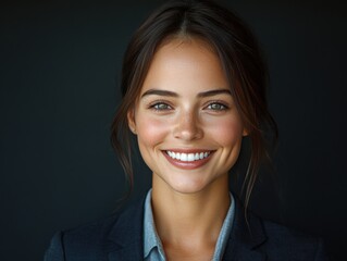 A woman in a suit is smiling for the camera