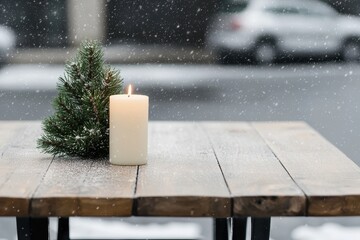Poster - Rustic winter dinner setup with pine and candle centerpiece while snow is falling