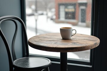 Poster - Coffee cup sitting on rustic table by window overlooking snowy street