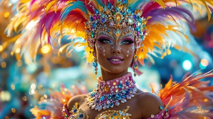 Carnival in Brazil. Radiant woman in vibrant carnival costume smiling at Brazilian festival with colorful background