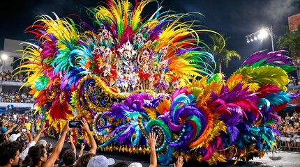 Carnival in Brazil.. Rio’s Sambadrome. Colorful carnival float decorated with feathers in vibrant festival atmosphere