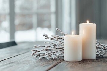 Aufkleber - Two burning candles and snow covered branches creating cozy winter atmosphere