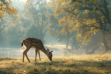 Poster - Young deer grazes in a misty forest clearing during early morning light surrounded by colorful autumn foliage