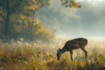 Poster - Young deer grazes in a misty forest clearing during early morning light surrounded by colorful autumn foliage