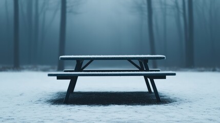 Poster - Snow-covered picnic table in a misty winter forest evokes tranquility