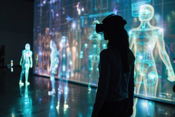Aufkleber - Visitors experience virtual reality in an immersive digital art space filled with holographic figures and interactive installations in the evening