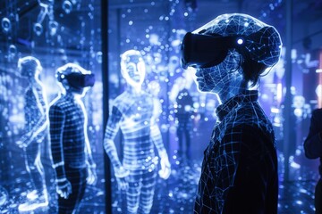 Aufkleber - Visitors experience virtual reality in an immersive digital art space filled with holographic figures and interactive installations in the evening
