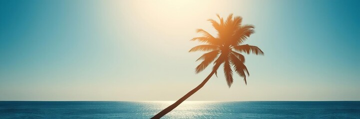 Wall Mural - Single palm tree silhouette on a blue horizon line with sunlight filtering through the leaves, palm tree, peaceful, foliage