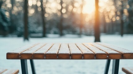 Poster - Snow covered picnic table in winter park at sunset