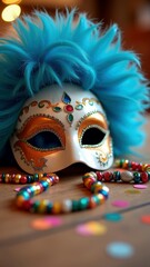 Wall Mural - Colorful venetian mask with feathers and beaded necklace on wooden table