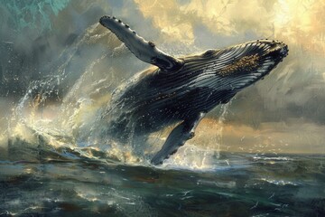 Poster - Humpback whale breaches the ocean surface in misty waters while showcasing its immense size and grace during a calm morning expedition