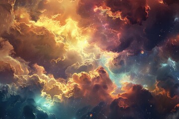 Fototapete - Vibrant cosmic clouds illuminated by celestial light showcasing an array of colors in the deep universe at twilight