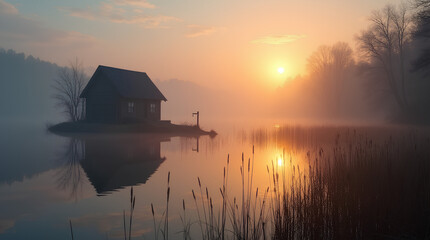 Wall Mural - fisherman's hut on a lake with fog