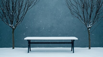 Poster - Snow falling on table in winter garden setting