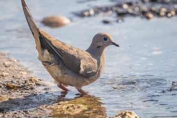 Close-up shot of a mourning dove stands by a serene water's edge.