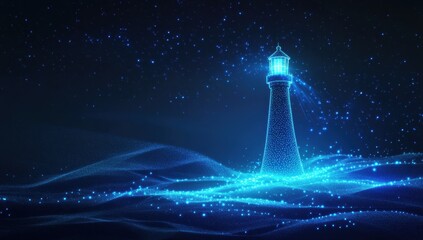 Wall Mural - a blue colored glowing lighthouse at night with starry skies and ocean waters, 3d professional rende