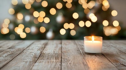 Aufkleber - Burning candle creating a warm atmosphere on a wooden table during christmas time