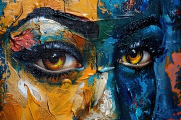 Poster - Vibrant expression of emotion through abstract portrait art featuring colorful brush strokes and texture