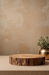 Wall Mural - Rustic wood podium on beige background. Minimal mockup background for product presentation. Wood board for food, products or jew 