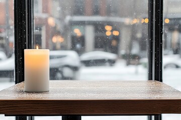 Poster - Burning candle on a snowy table by the window during a snowfall