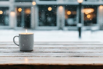 Poster - Burning candle in a mug on a snowy table during winter snowfall