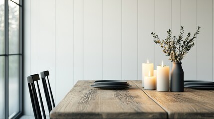 Poster - Rustic dining table decorated with candles and greenery creating a cozy winter ambiance