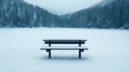 Poster - Snow covered bench overlooking frozen lake in winter wonderland