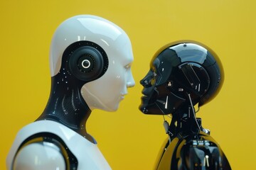 Aufkleber - Robots in close proximity exhibiting advanced designs and contrasting colors in a modern environment with yellow backdrop