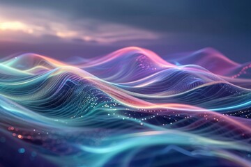 Poster - Abstract representation of flowing digital waves with luminous particles in a dark background