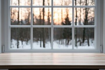 Wall Mural - Empty wooden table by window overlooking snowy winter forest at sunset