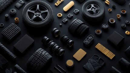 Fototapete - A collection of assorted car tires, rims, and brake pads is arranged on a dark backdrop, providing plenty of space for added text. Generative AI