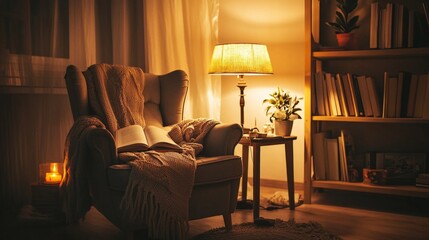 Poster - A large, soft armchair nestled in a tranquil reading corner creates a perfect retreat. Soft light from a nearby lamp illuminates a cozy blanket draped over its arm, inviting readers to unwind