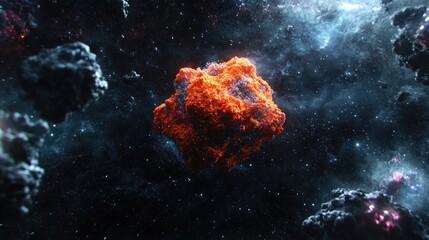 Poster - A close-up of a luminous orange virus particle with bokeh effects in a dark scientific background.